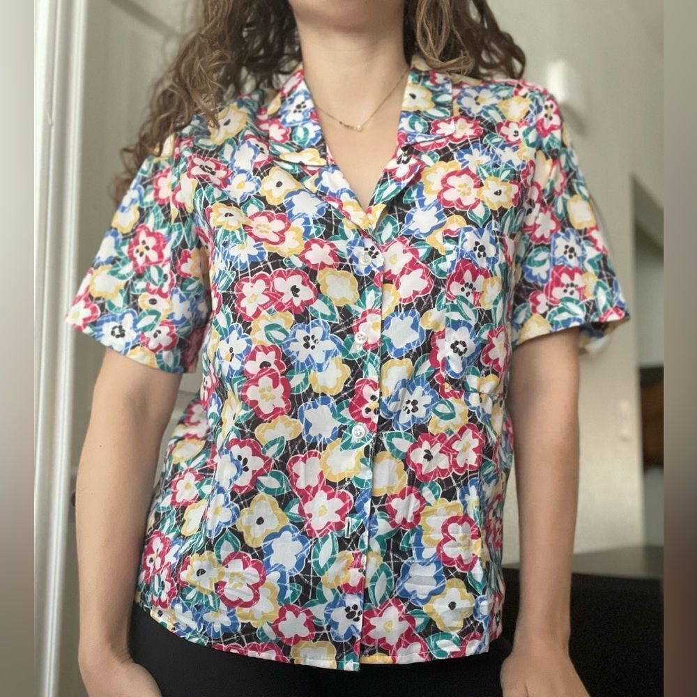 Vintage 80s Floral Funky Retro Button Down Shirt Short Sleeve Sz 6